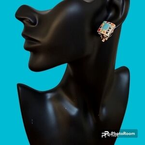 VTG MX 1980s Rainbow Southwestern Rectangle Clip-on Earrings